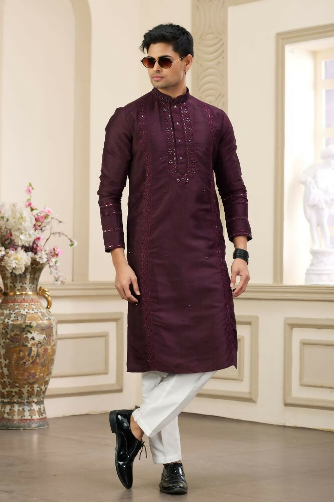Raivat Ethnic Banarasi Art Silk Thread and Mirror Work Kurta Pajama In Wine Colour