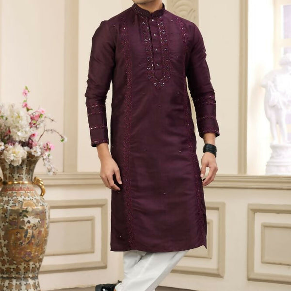 Raivat Ethnic Banarasi Art Silk Thread and Mirror Work Kurta Pajama In Wine Colour
