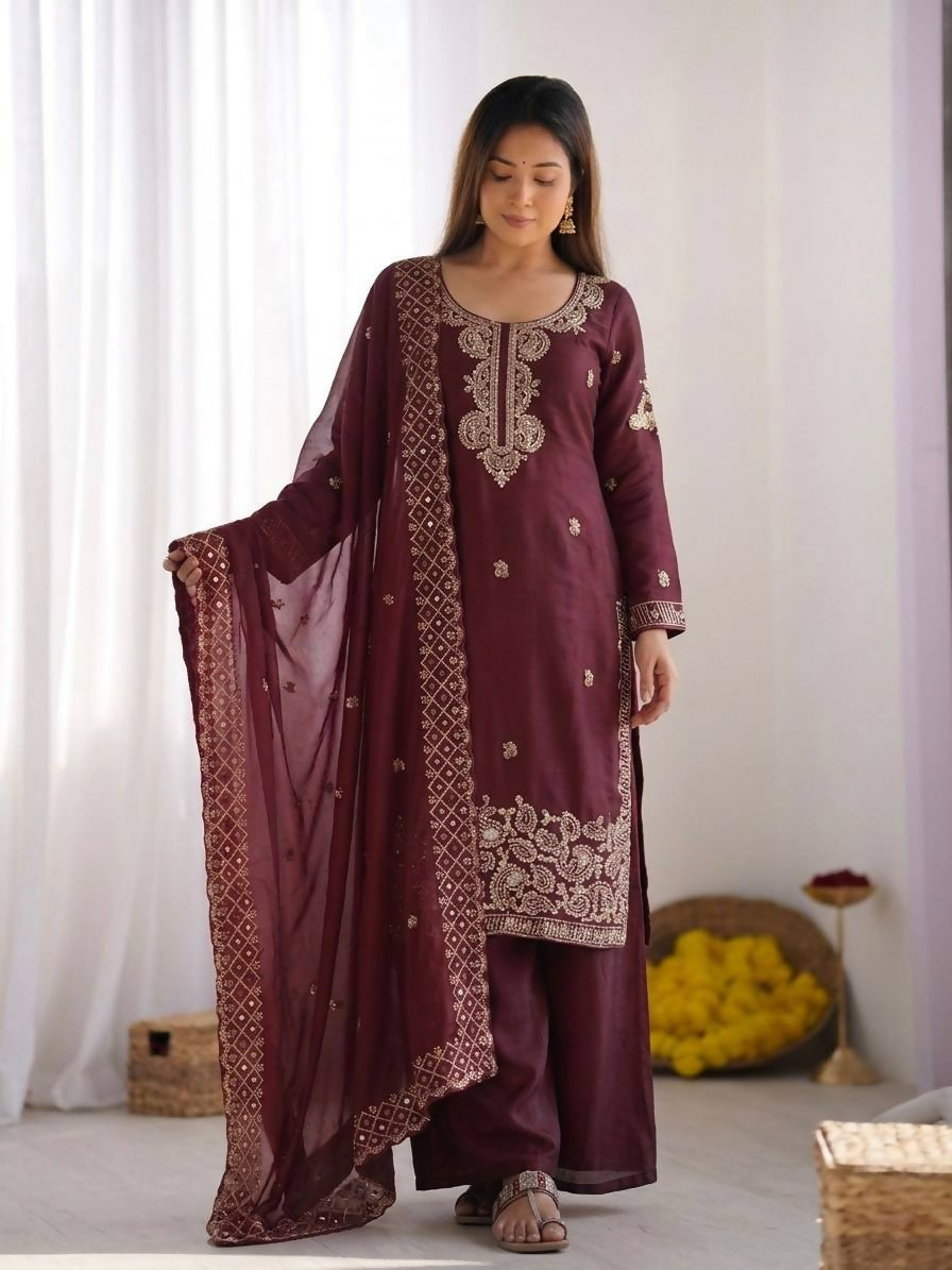 Teeya Creation Womens New Trendy Stylish Embroidery Beads Work Palazzo Kurta Set -Maroon - Dista
