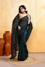Thumbnail for Piyari Fashion Women's Moss Green Embellished Cotton Blend Zari Check Handloom Saree - Distacart