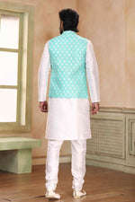 Thumbnail for Raivat Ethnic Jacquard Banarasi Silk Woven Work 3 Pics Jacket Set In Sky Blue Colour - Distacart