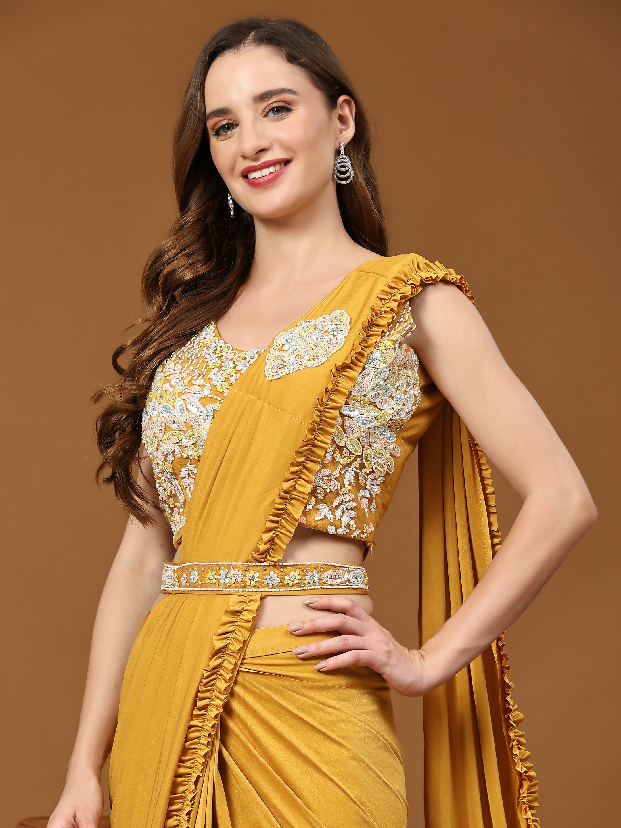 Yellow Lycra Solid Ready to wear Saree with stitched Blouse - Vanita - Distacart