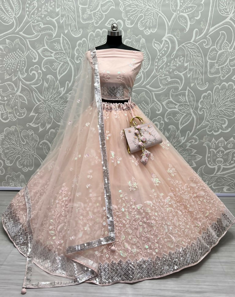 Jyoti Fashion Women's Peach Bridal Net Fancy Sequins with Multi Thread Embroidered Wedding Lehenga Choli - Distacart
