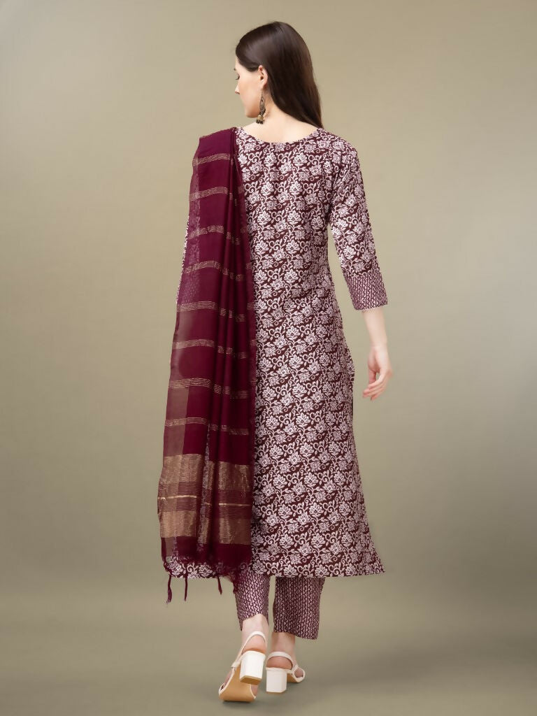 Jyoti Fashion Women's Maroon Rayon Embroidery & Sequence work Kurta with Trouser & Dupatta - Distacart
