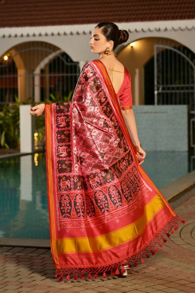 Vishnu Weaves Women's White Banarasi Silk Patola Printed Saree with Blouse