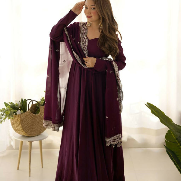 Lehenga Mart Designer Anarkali Suit With Kurta, Pant, Dupatta For Women-Wine - Distacart