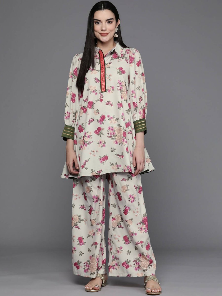 Ahalyaa Women Floral Printed Tunic with Palazzos - Beige Color - Distacart