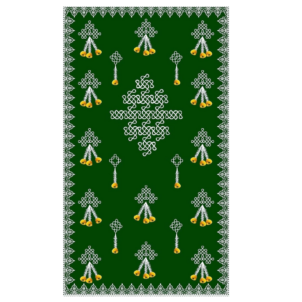 Sri Yagnaa Decoration M 1 – Green Muggu Backdrop Cloth with Flower Hanging Design, 5 x 8 Ft - Dista