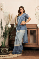 Thumbnail for Joban Fashion Cream & Blue Striped Linen Ready To Wear Saree With Unstitched Blouse - Distacart