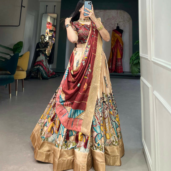 Vastranavya Kalamkari Print With Weaving Border Lehenga with Unstitched Blouse - Cream - Distacart