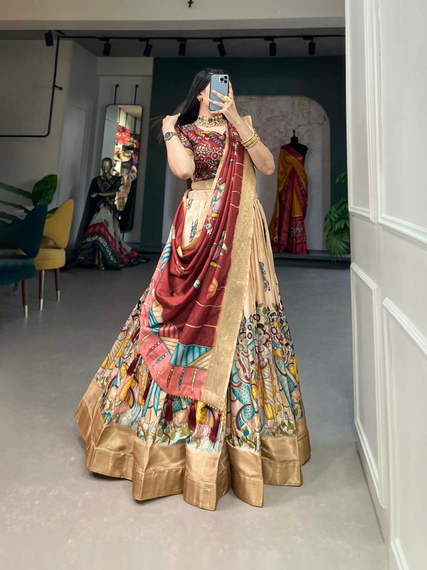 Vastranavya Kalamkari Print With Weaving Border Lehenga with Unstitched Blouse - Cream - Distacart