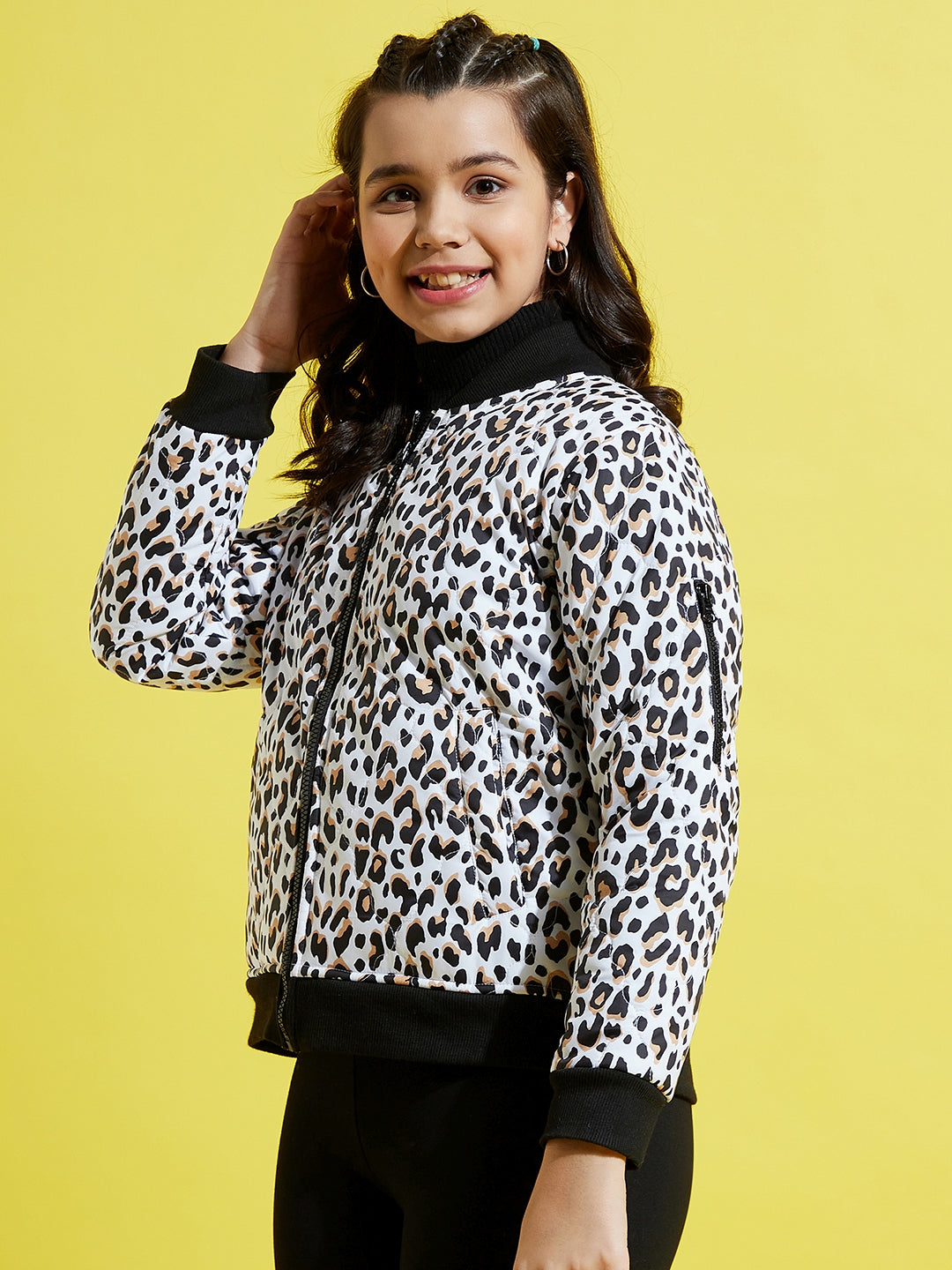 Lyush Girls White Leopard Quilted Bomber Jacket - Distacart