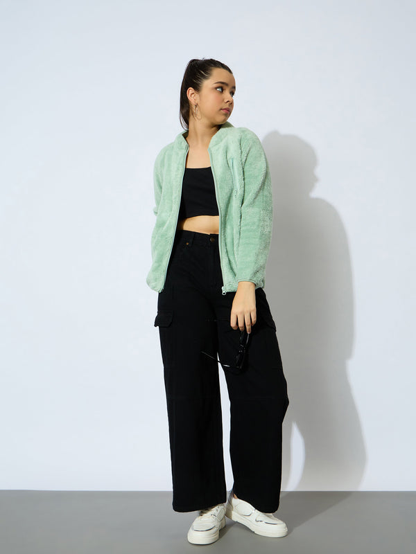 Lyush Girl Sea Green Double Fur Front Zipper Jacket - Distacart
