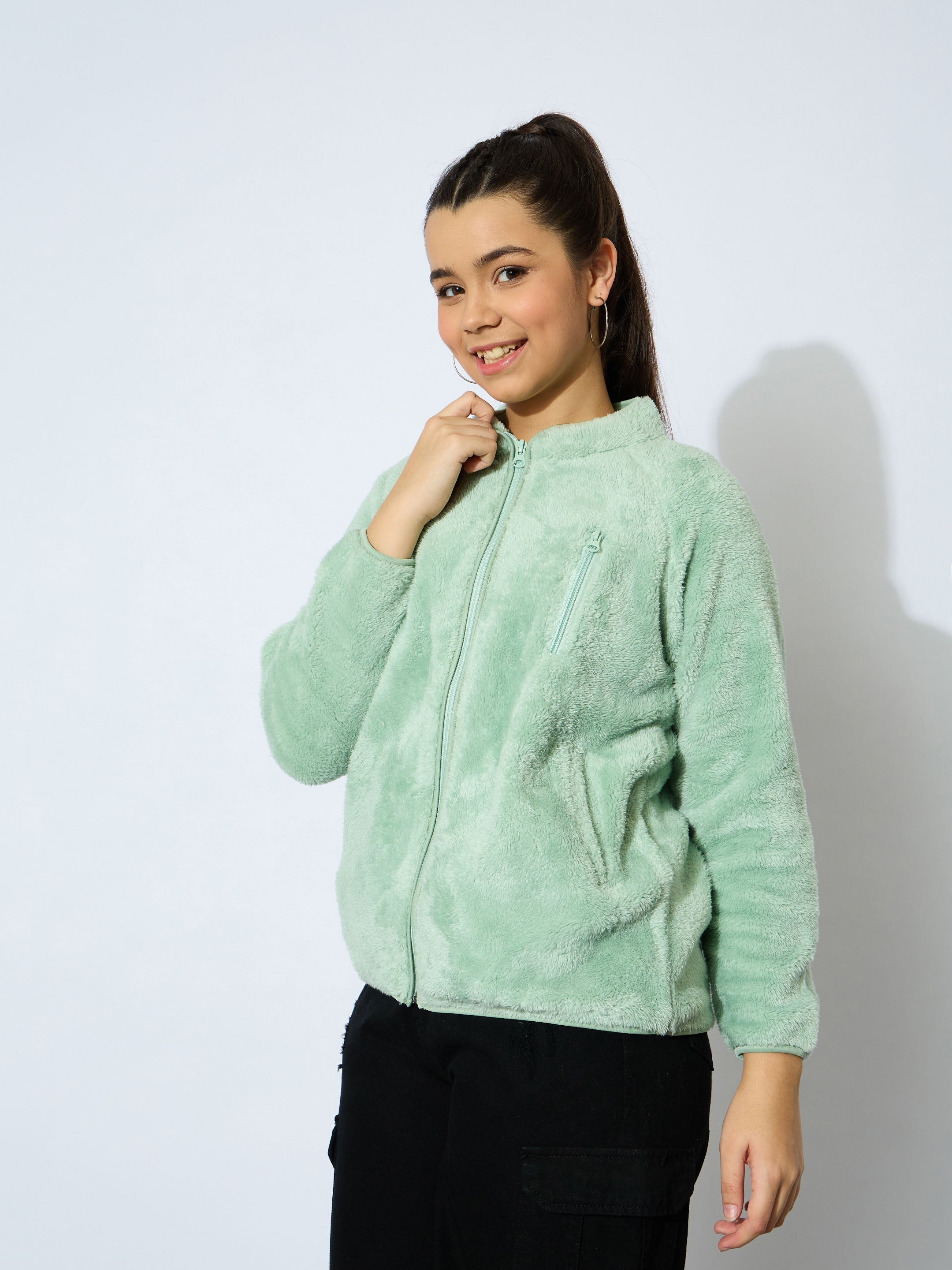 Lyush Girl Sea Green Double Fur Front Zipper Jacket - Distacart