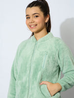Thumbnail for Lyush Girl Sea Green Double Fur Front Zipper Jacket - Distacart