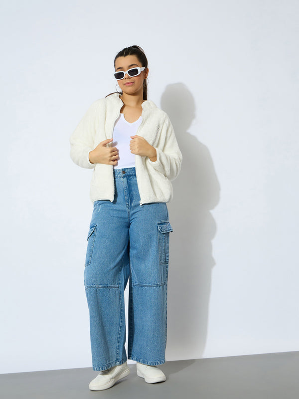 Lyush Girl White Double Fur Front Zipper Regular Jacket - Distacart