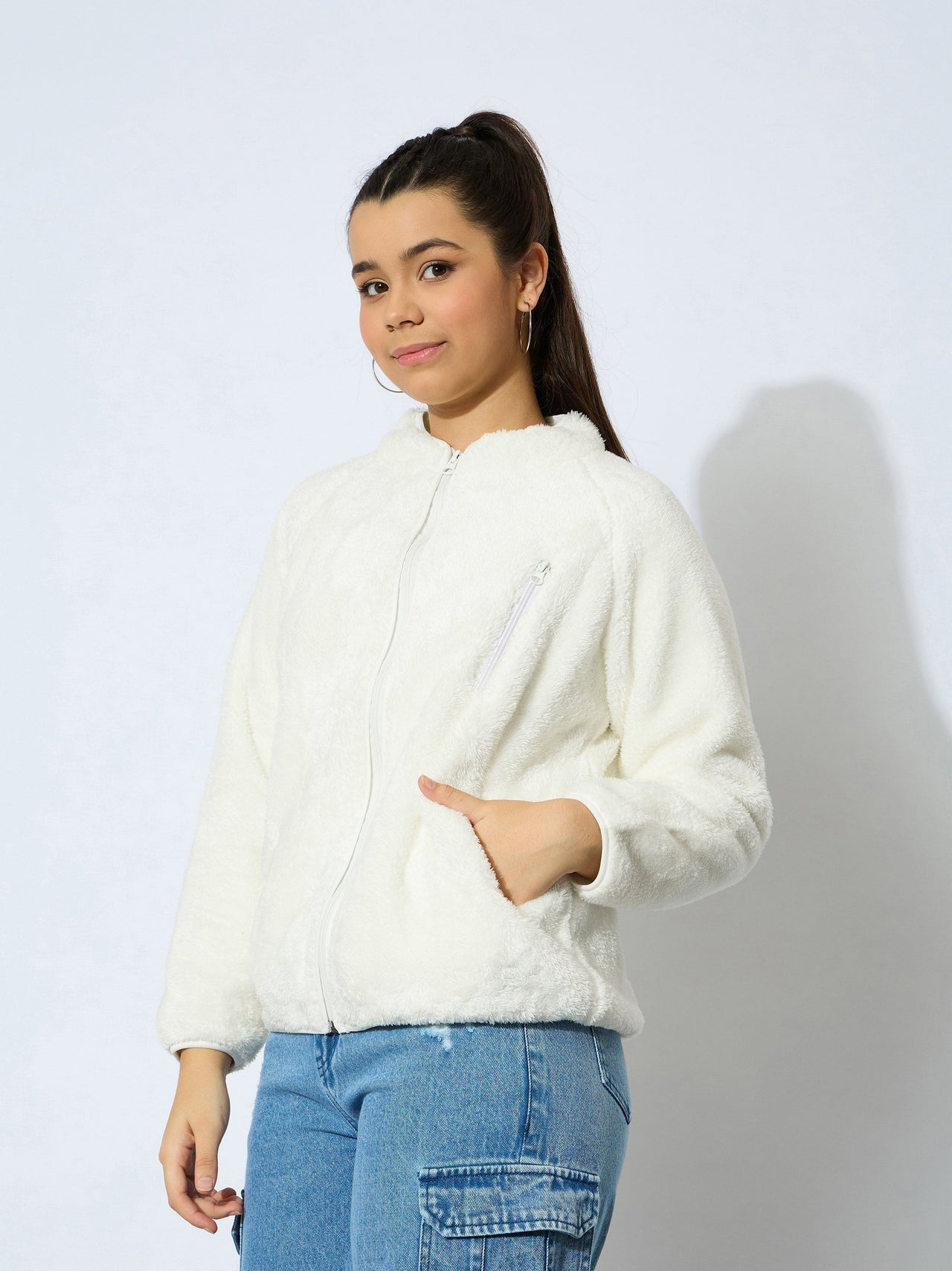 Lyush Girl White Double Fur Front Zipper Regular Jacket