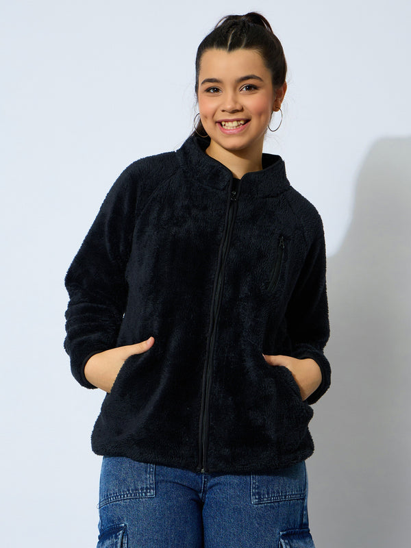 Lyush Girl Black Double Fur Front Zipper Regular Jacket - Distacart