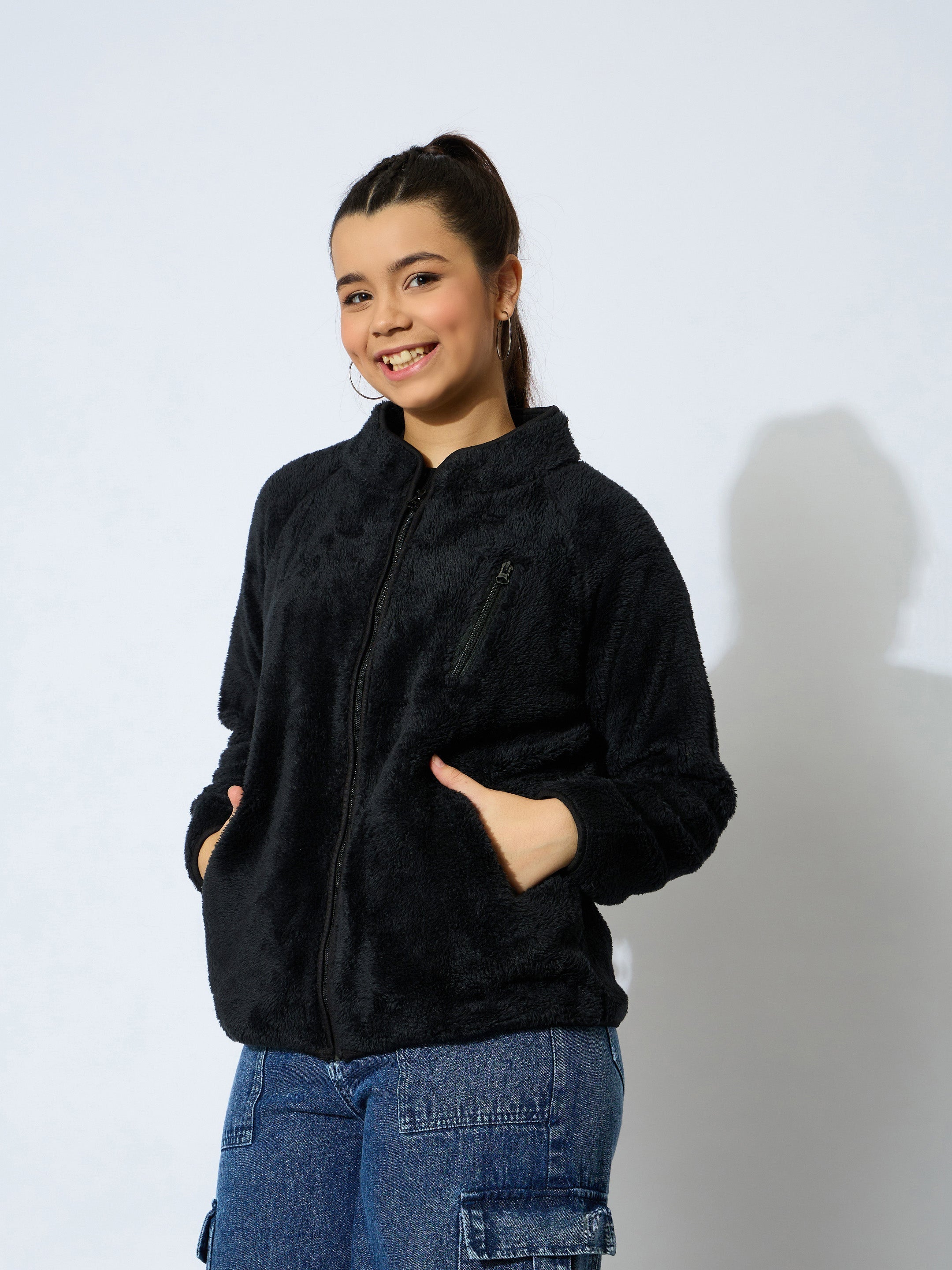 Lyush Girl Black Double Fur Front Zipper Regular Jacket - Distacart