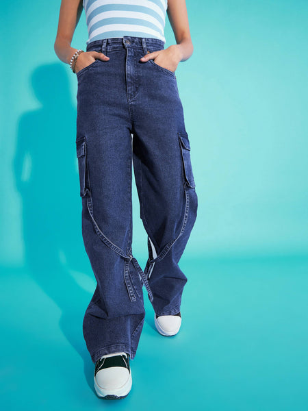 Lyush Girls Blue Acid Wash Side Pocket Cargo Jeans - Distacart