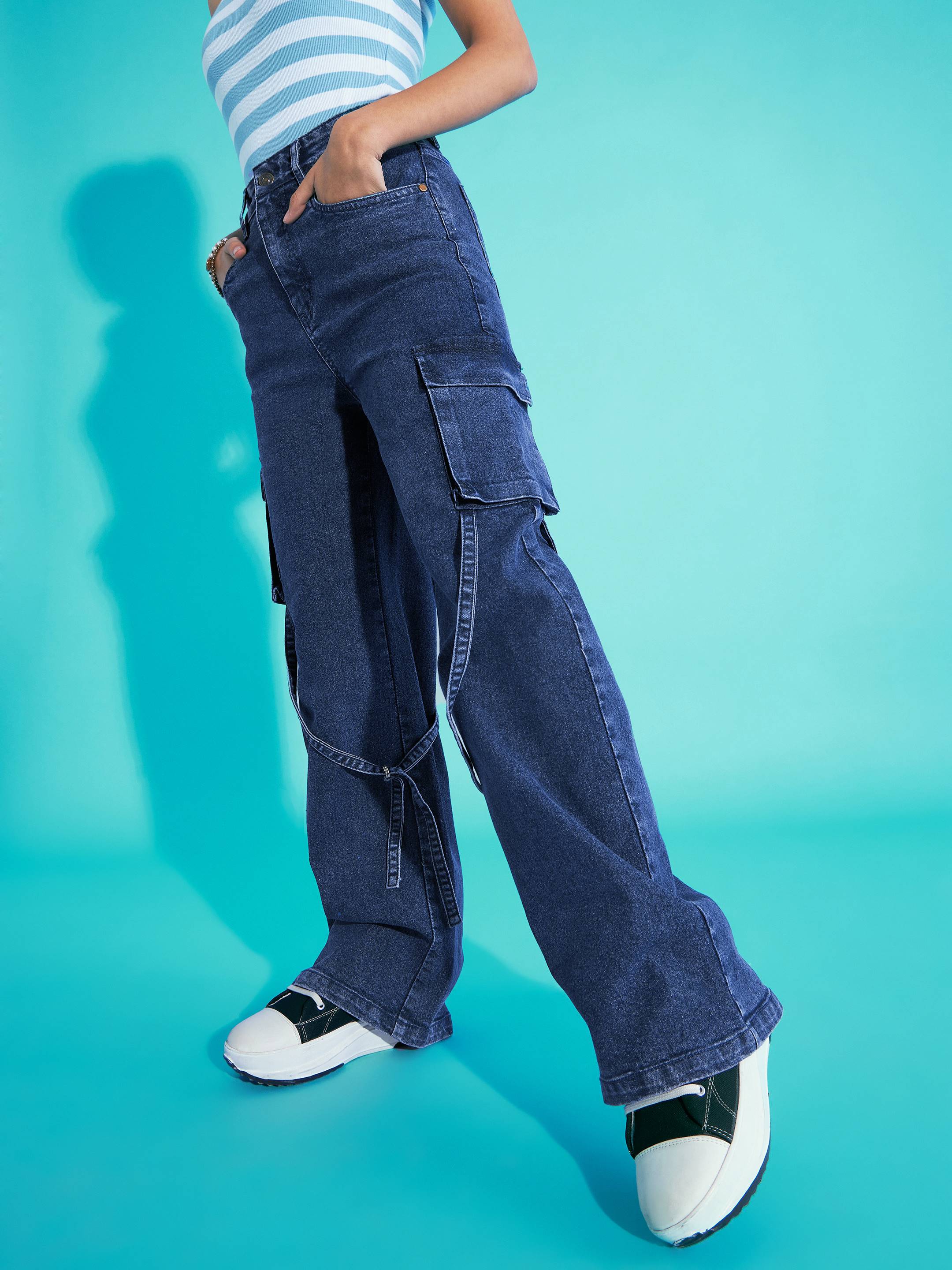 Lyush Girls Blue Acid Wash Side Pocket Cargo Jeans - Distacart