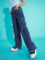 Thumbnail for Lyush Girls Blue Acid Wash Side Pocket Cargo Jeans - Distacart