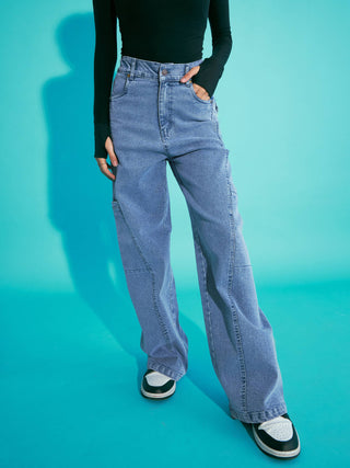 Lyush Girls Blue Acid Wash Side Pocket Wide Leg Jeans - Distacart