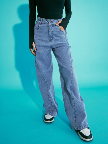 Lyush Girls Blue Acid Wash Side Pocket Wide Leg Jeans - Distacart