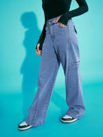 Thumbnail for Lyush Girls Blue Acid Wash Side Pocket Wide Leg Jeans - Distacart
