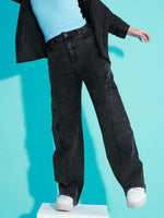 Thumbnail for Lyush Girls Black Acid Wash Side Pocket Wide Leg Jeans - Distacart