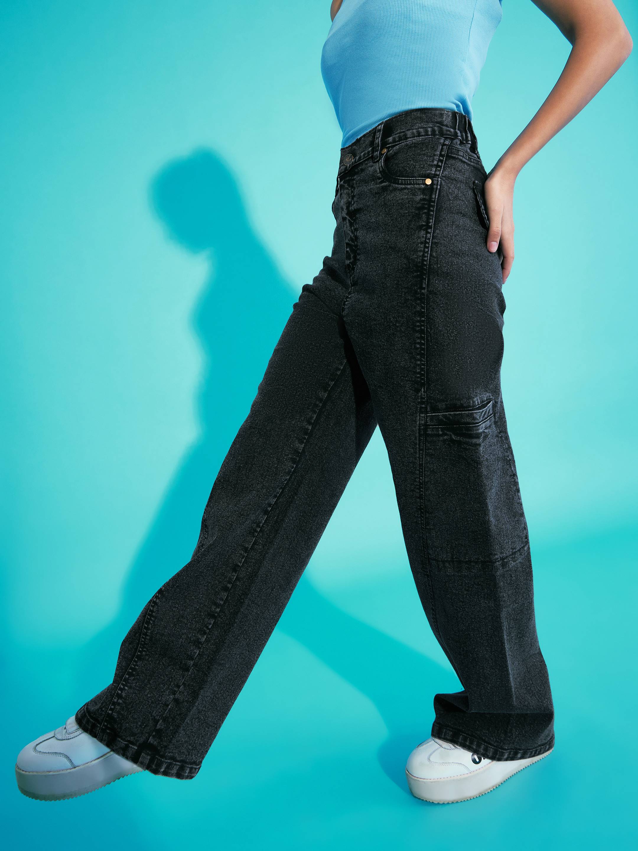 Lyush Girls Black Acid Wash Side Pocket Wide Leg Jeans - Distacart