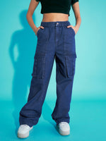 Thumbnail for Lyush Girls Navy Blue Acid Wash Elasticated Waist Cargo Jeans - Distacart
