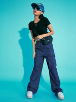 Thumbnail for Lyush Girls Navy Blue Acid Wash Elasticated Waist Cargo Jeans - Distacart
