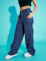 Thumbnail for Lyush Girls Navy Blue Acid Wash Elasticated Waist Cargo Jeans - Distacart