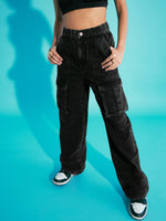 Thumbnail for Lyush Girls Black Acid Wash Elasticated Waist Cargo Jeans - Distacart