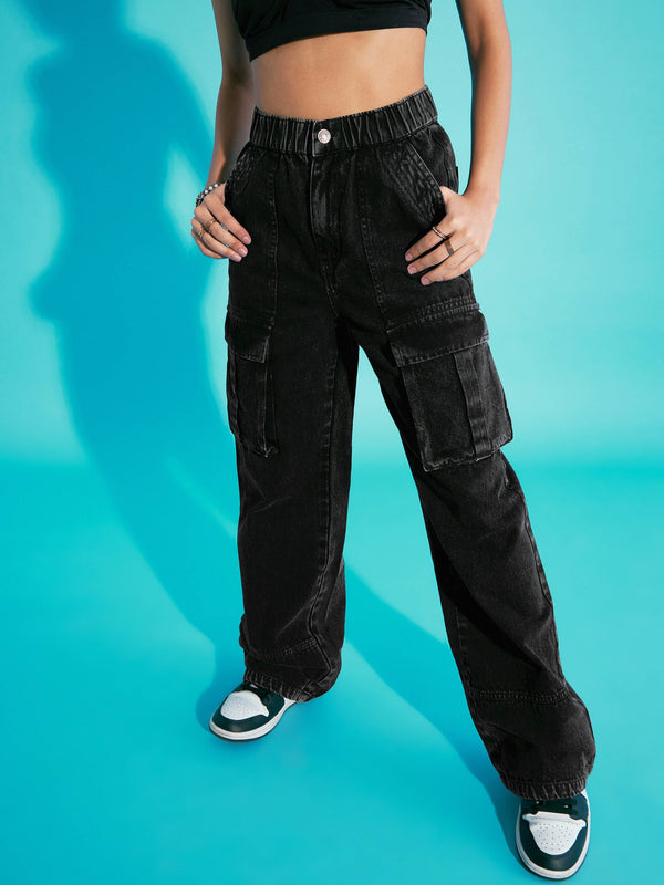 Lyush Girls Black Acid Wash Elasticated Waist Cargo Jeans - Distacart