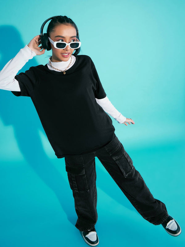 Lyush Girls Black Acid Wash Elasticated Waist Cargo Jeans - Distacart