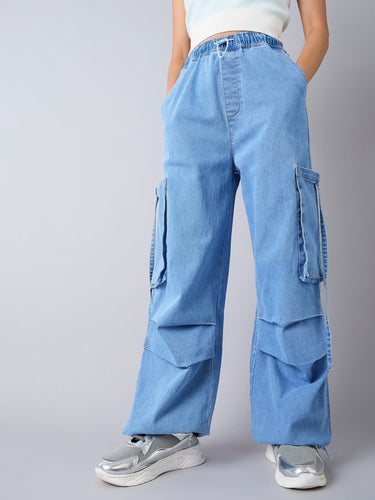 Lyush Girls Ice Blue Side Pockets Cargo Jeans