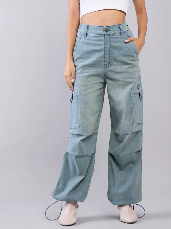 Lyush Girls Blue Wash Side Pintuck Cargo Jeans - Distacart