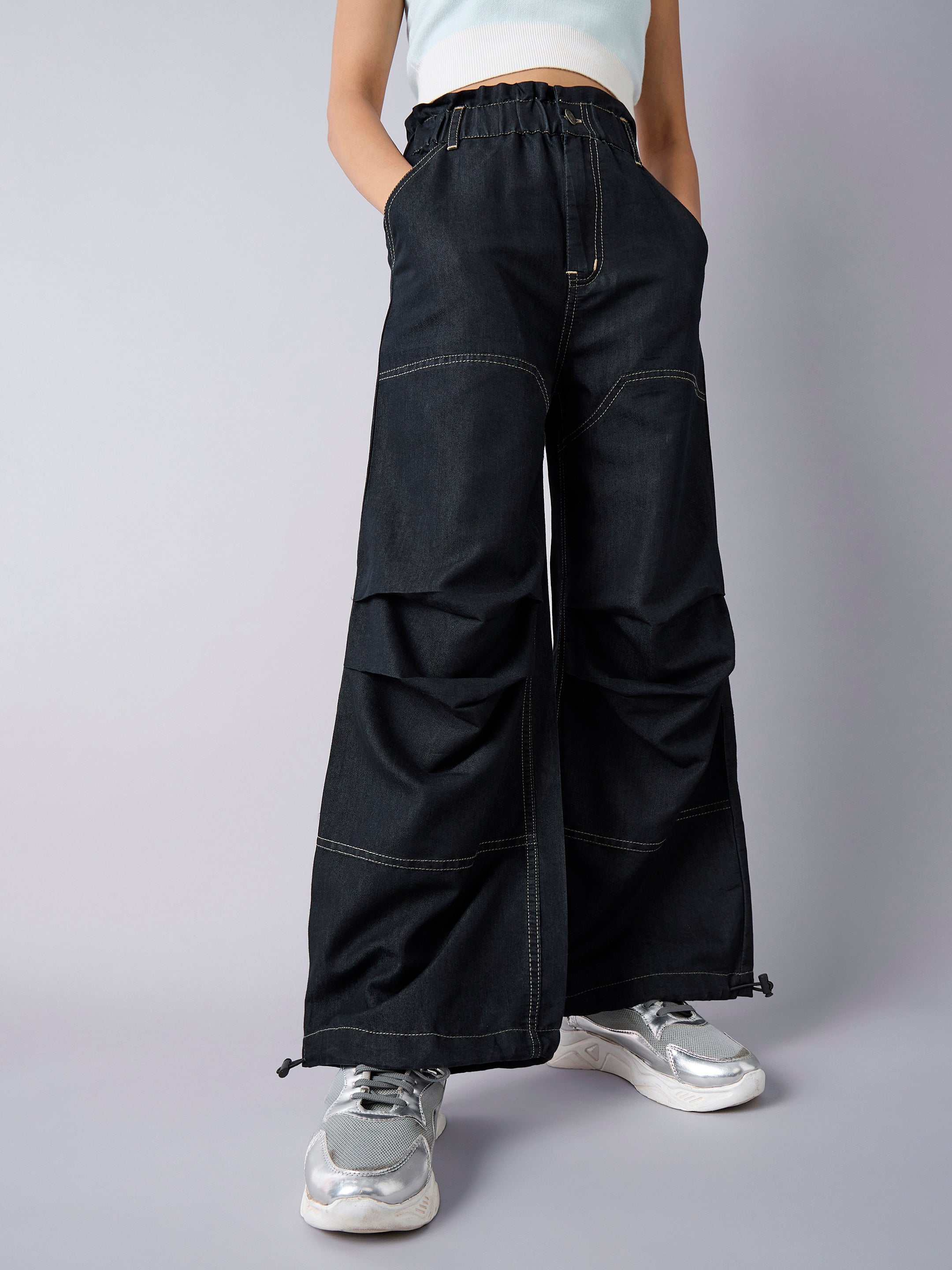 Lyush Girls Black Wash Tencel Pull Hem Cargo Jeans - Distacart