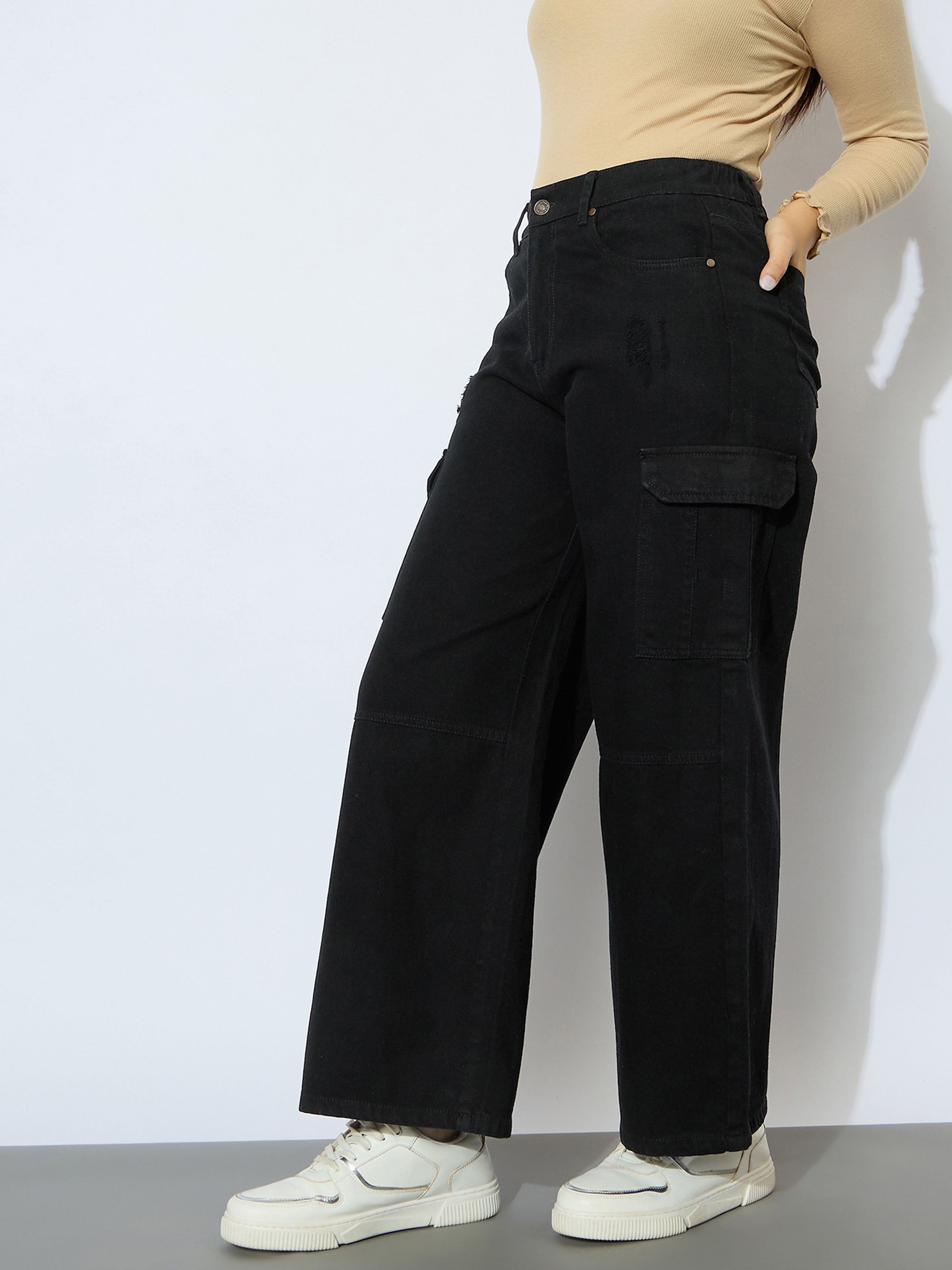 Lyush Girl Jet Black Denim Side Pocket Straight Jeans - Distacart