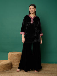 Thumbnail for Lyush Girl Black Velvet Contrast Embroidered Short Kurta
