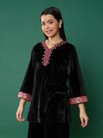 Thumbnail for Lyush Girl Black Velvet Contrast Embroidered Short Kurta - Distacart