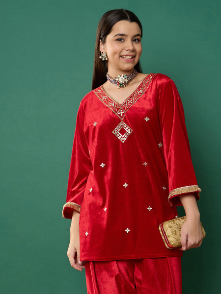 Lyush Girl Red Velvet Embroidered V-Neck Short Kurta