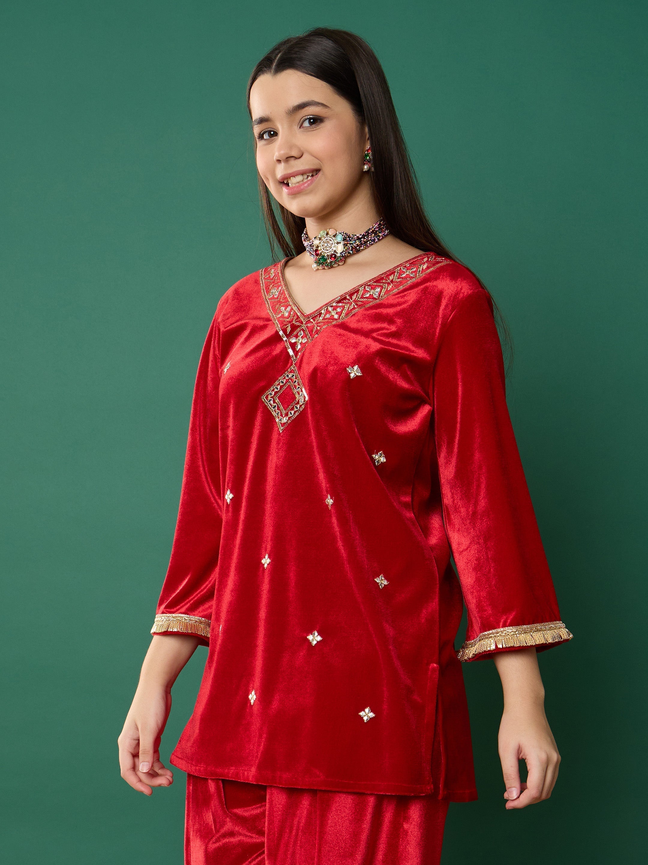 Lyush Girl Red Velvet Embroidered V-Neck Short Kurta - Distacart