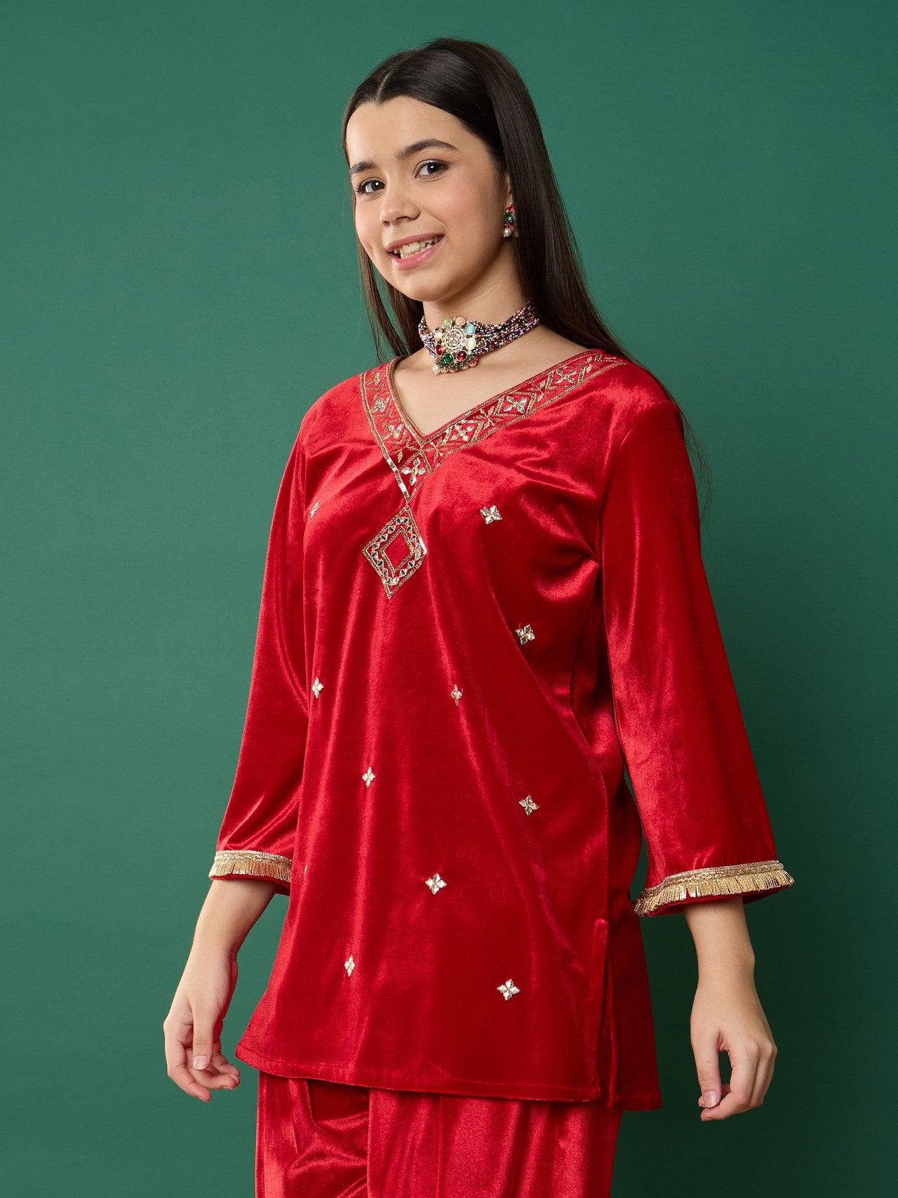 Lyush Girl Red Velvet Embroidered V-Neck Short Kurta