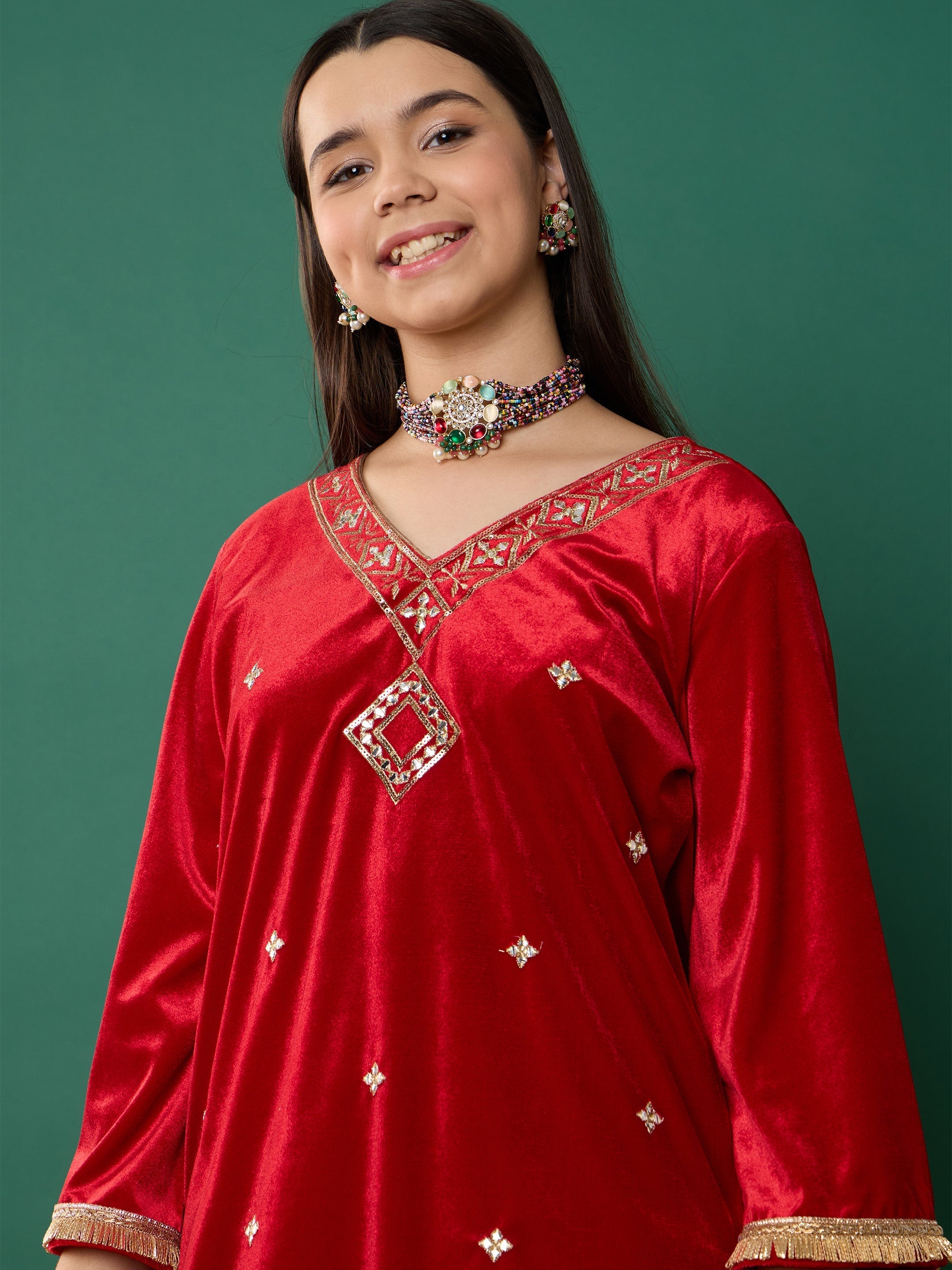 Lyush Girl Red Velvet Embroidered V-Neck Short Kurta - Distacart