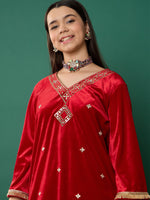 Thumbnail for Lyush Girl Red Velvet Embroidered V-Neck Short Kurta - Distacart