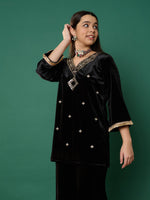Thumbnail for Lyush Girl Black Velvet Embroidered V-Neck Short Kurta - Distacart