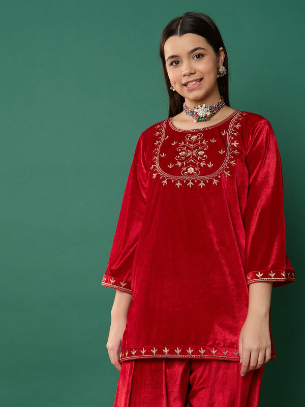 Lyush Girl Red Velvet Embroidered Short Kurta - Distacart
